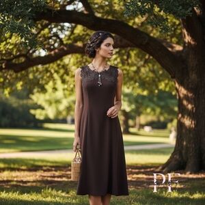 Adrianna Brown Satin & Lace Appliqué Knee Length Cocktail Dress – Size 4